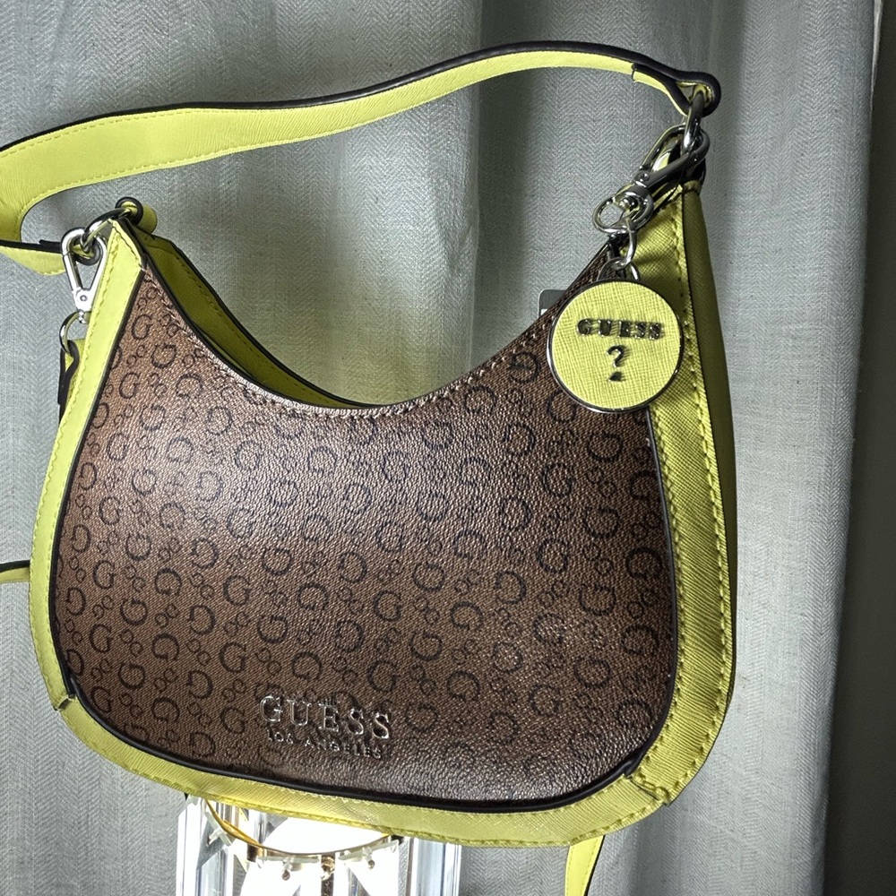 GUESS Shoulder Bag Brown Logo Neon Yellow Trim Crossbody Purse NEW
